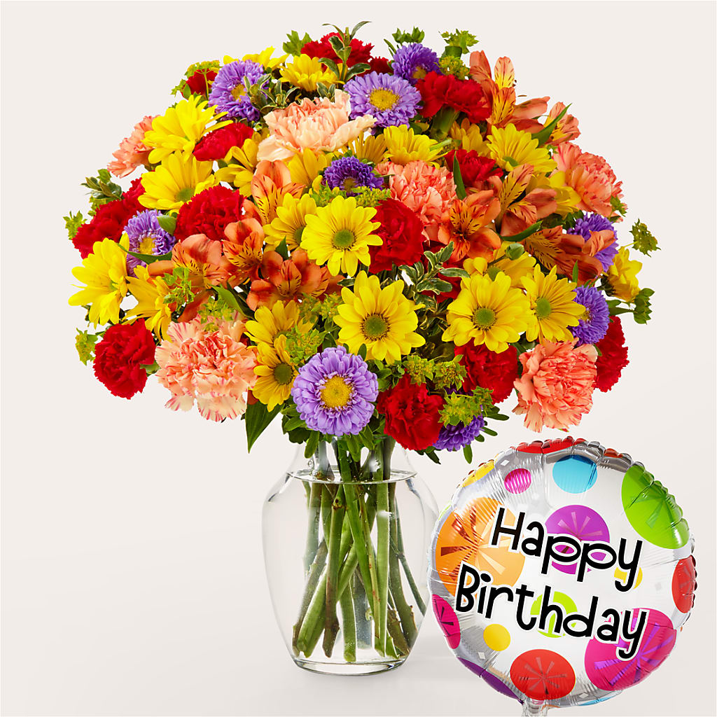 Kaleidoscope Bouquet with Birthday Balloon – Lasting Impressions Flowers Llc, Flemingsburg KY