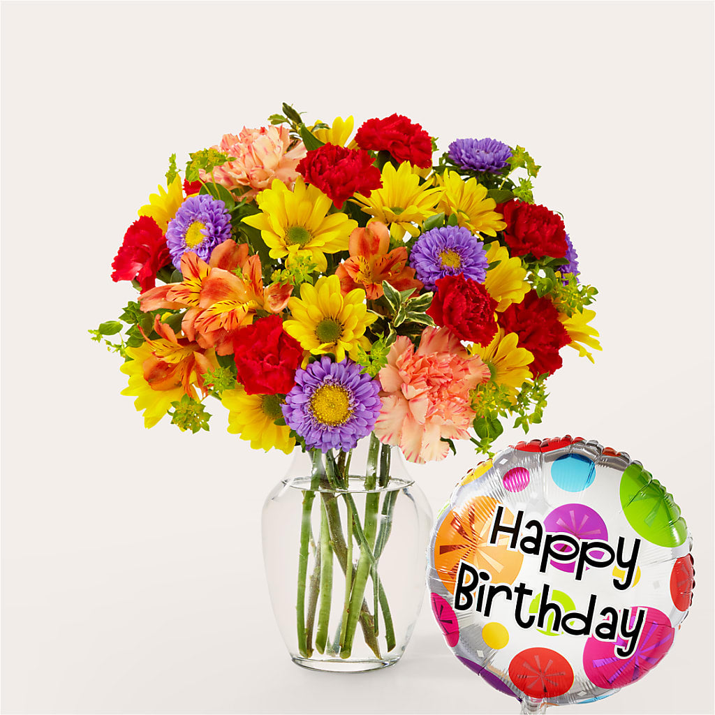 Kaleidoscope Bouquet with Birthday Balloon – Lasting Impressions Flowers Llc, Flemingsburg KY