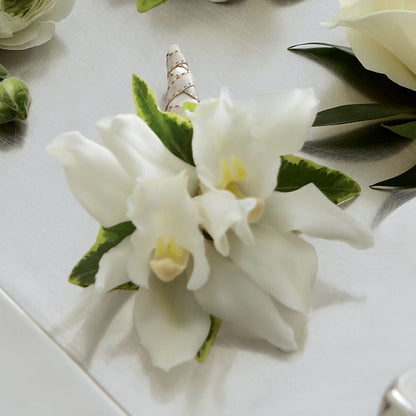 White Mini Cymbidium Boutonniere –  Lasting Impressions Flowers Llc, Flemingsburg KY